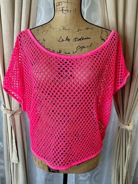 Hot Pink Barbie Fishnet Mesh Top Y2K Festival Rave Sheer Knit Boho